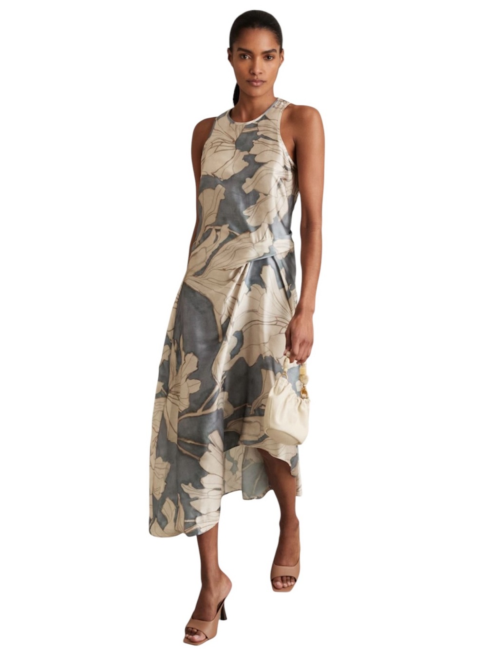 Reiss Mieke Satin Floral Drape Midi Dress